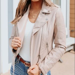 Blush Pink Moto Leather Jacket with Asymmetrical Zip and Notched Lapel